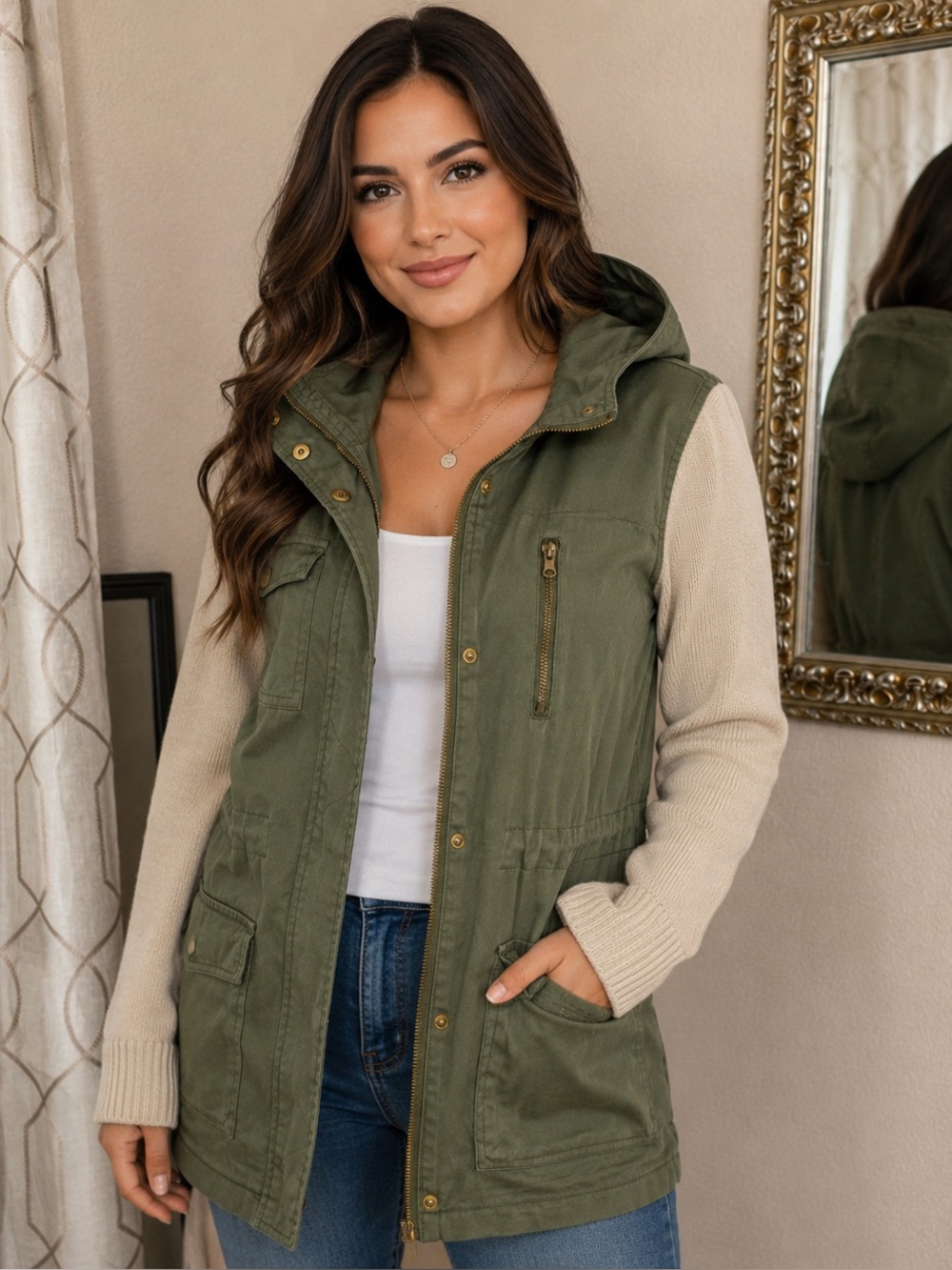 Harper Army Green Utility Cargo Jacket Knit Sleeves & Hood Womens Size Small